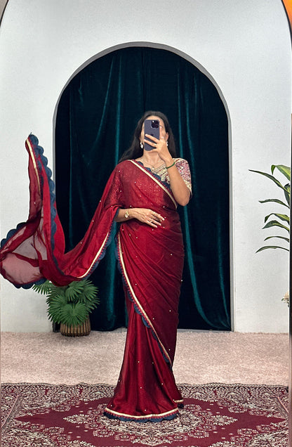 Bollywood Wear Maroon Color Blooming Rangoli With Pearl Moti Work Designer Saree