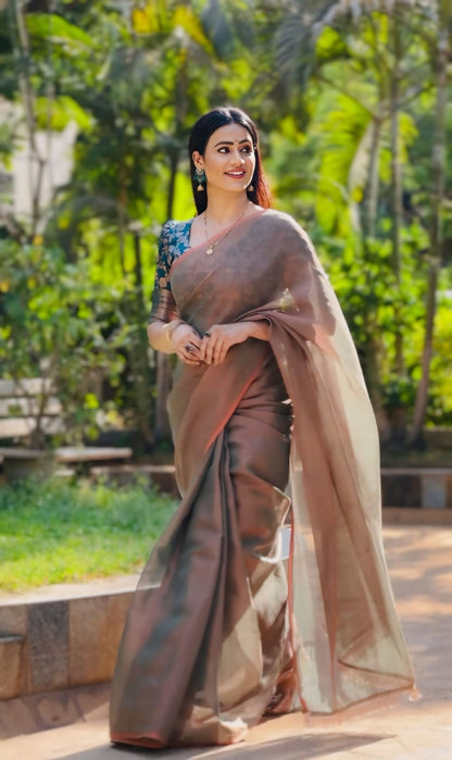 Wedding Wear Beige Color Zari Tissue Saree With Banarasi Silk Blouse