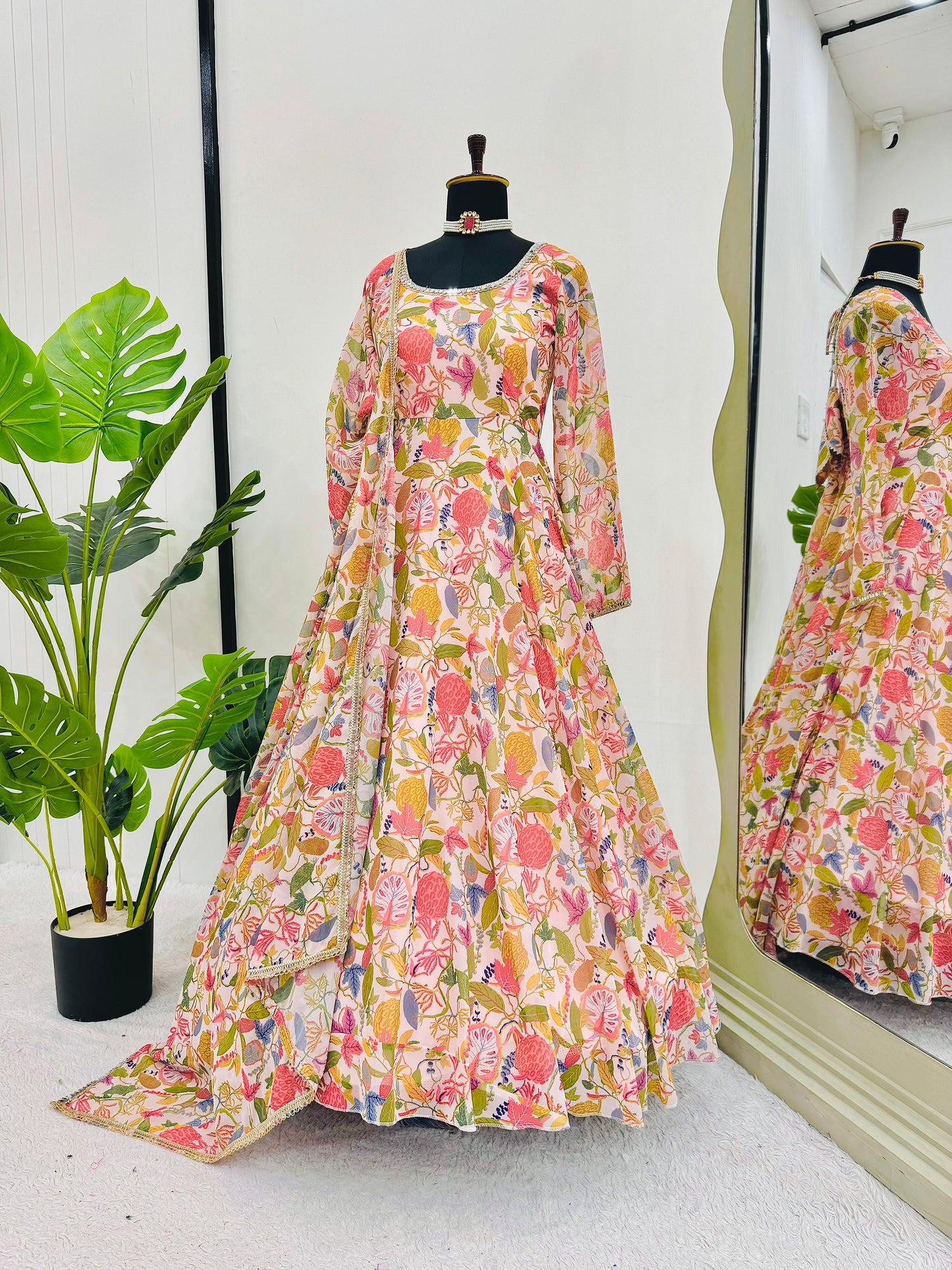 Ceremony Wear Cream Color Faux Georgette Digital Print With Fancy Real Mirror Work Lace Designer Gown