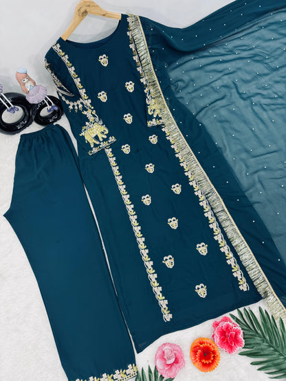 Classic Teal Color Heavy Faux Georgette With Embroidery Sequence Work Salwar Suit