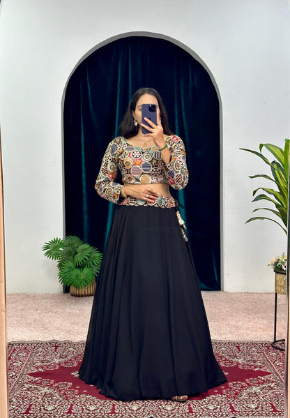 Function Wear Black Color Faux Georgette 6 Meter With Heavy Embroidery Work Designer Lehenga Choli