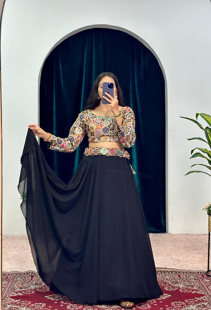 Function Wear Black Color Faux Georgette 6 Meter With Heavy Embroidery Work Designer Lehenga Choli