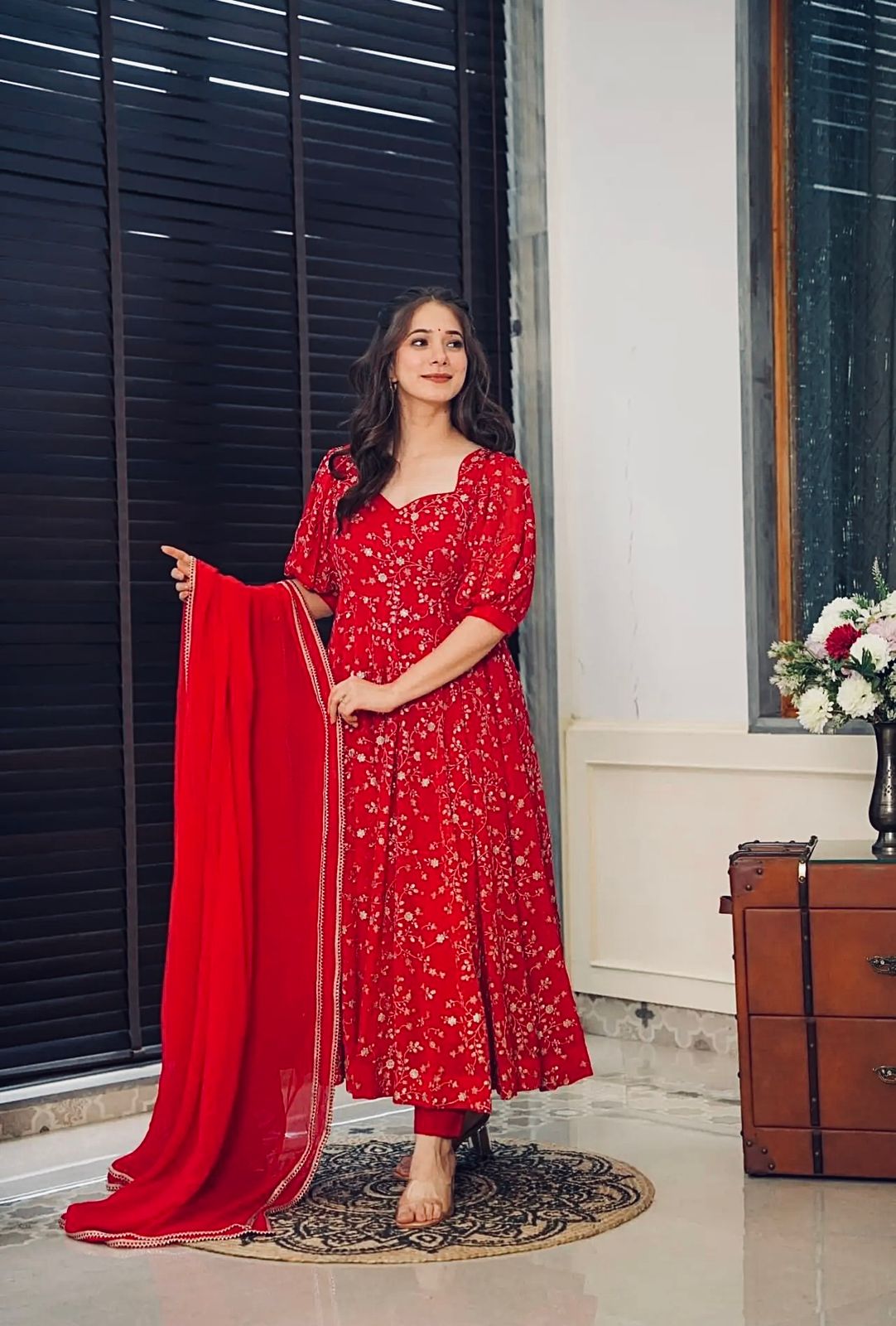 Charming Red Color Heavy Faux Georgette With Embroidery Work Anarkali Gown