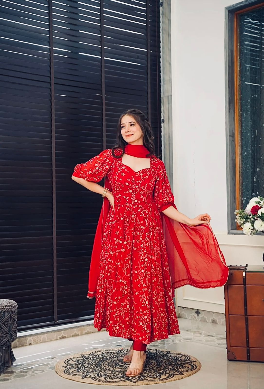 Charming Red Color Heavy Faux Georgette With Embroidery Work Anarkali Gown