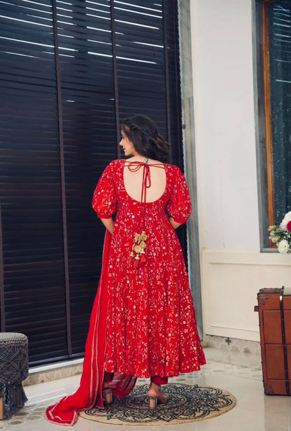 Charming Red Color Heavy Faux Georgette With Embroidery Work Anarkali Gown