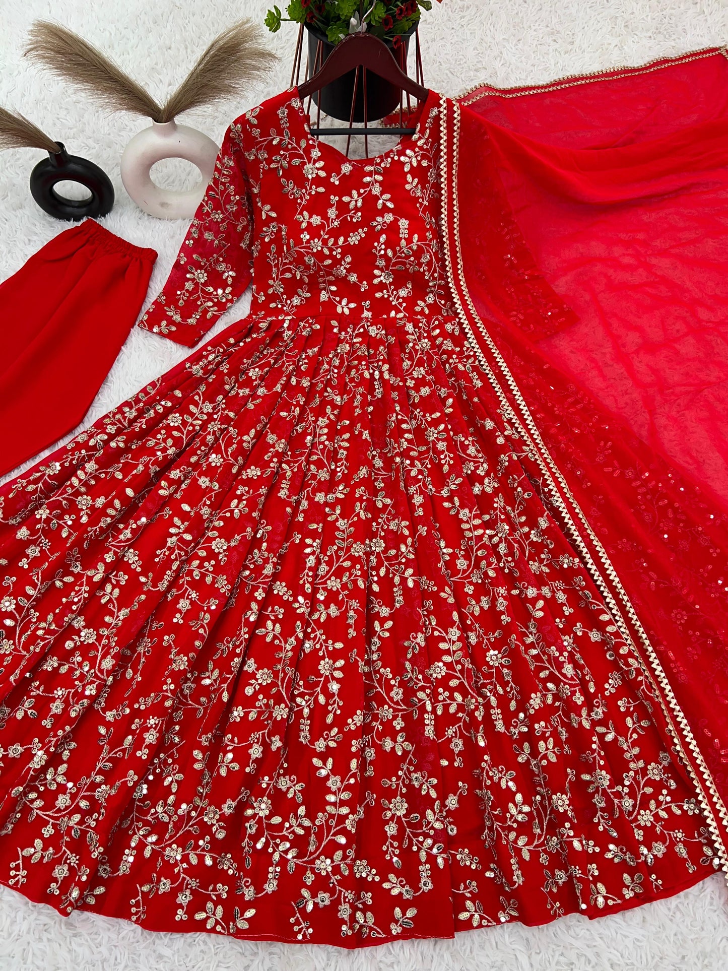 Charming Red Color Heavy Faux Georgette With Embroidery Work Anarkali Gown