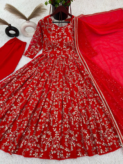 Charming Red Color Heavy Faux Georgette With Embroidery Work Anarkali Gown