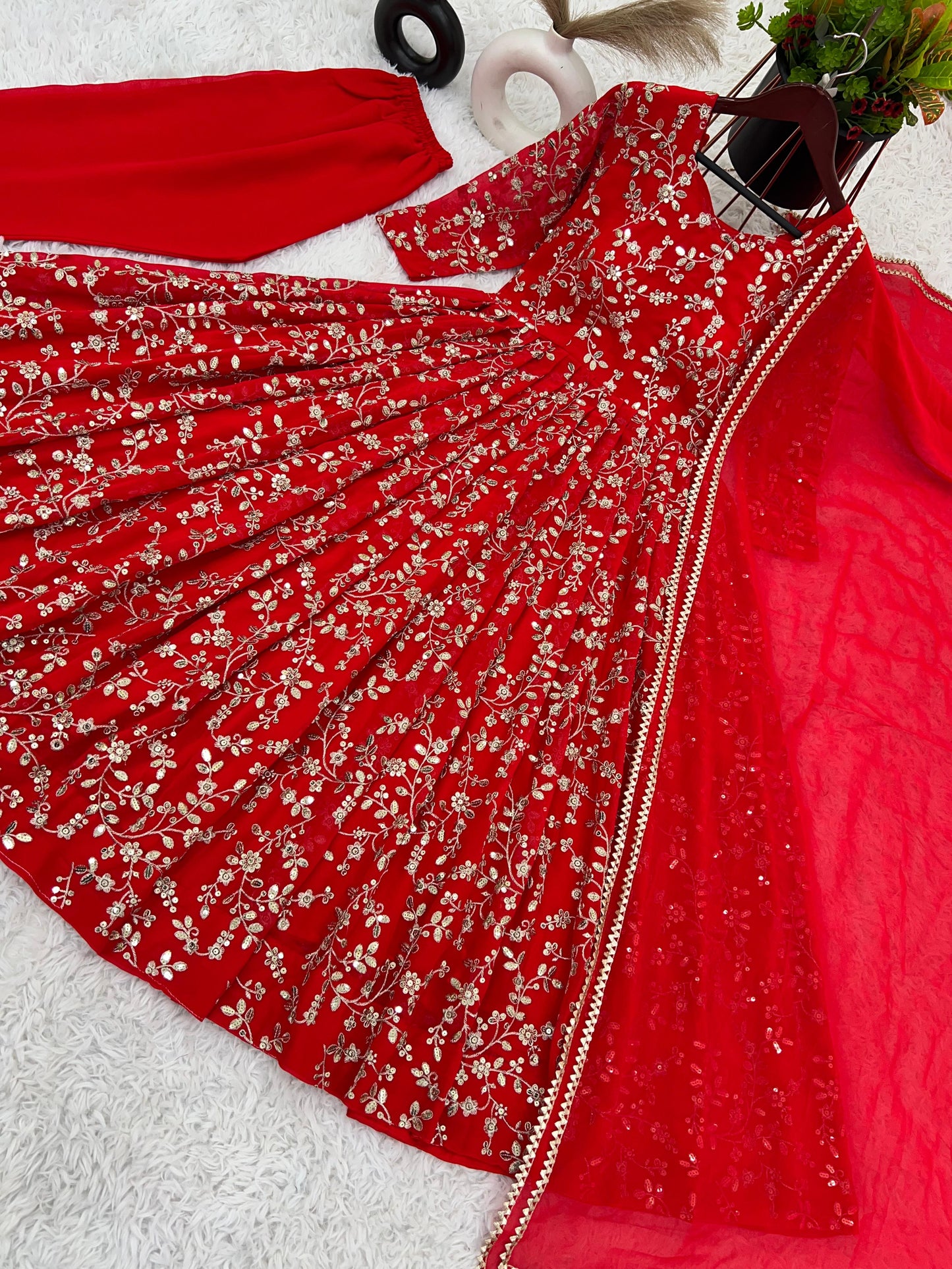 Charming Red Color Heavy Faux Georgette With Embroidery Work Anarkali Gown