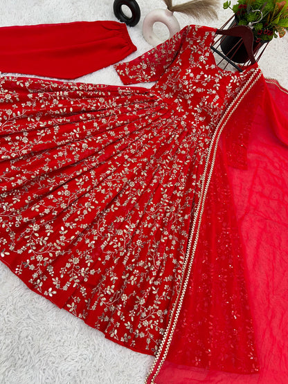 Charming Red Color Heavy Faux Georgette With Embroidery Work Anarkali Gown