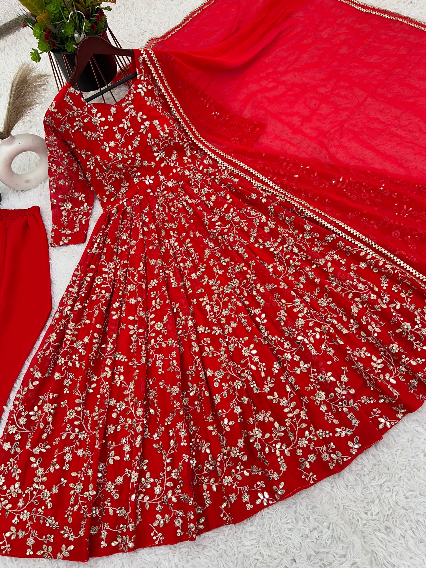 Charming Red Color Heavy Faux Georgette With Embroidery Work Anarkali Gown