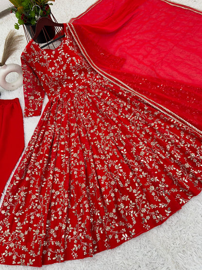 Charming Red Color Heavy Faux Georgette With Embroidery Work Anarkali Gown