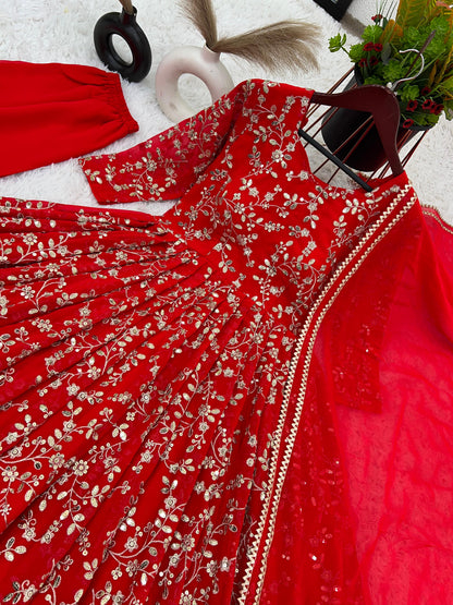 Charming Red Color Heavy Faux Georgette With Embroidery Work Anarkali Gown