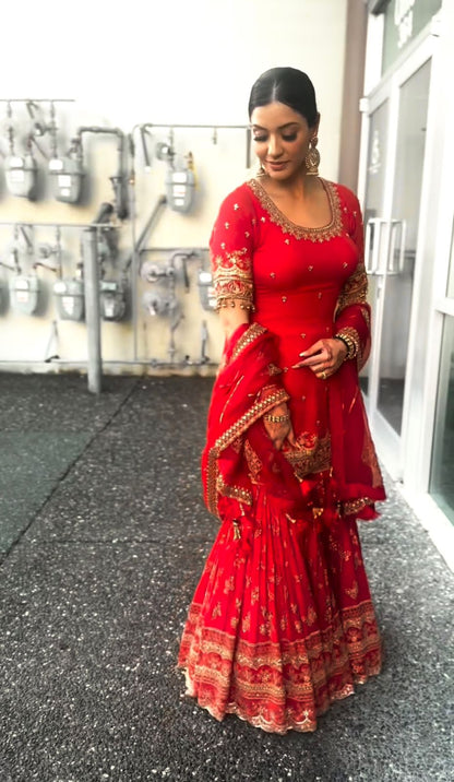 Wedding Wear Red Color Heavy Faux Georgette Material With 5mm Sequence Embroidery Work Sharara Suit