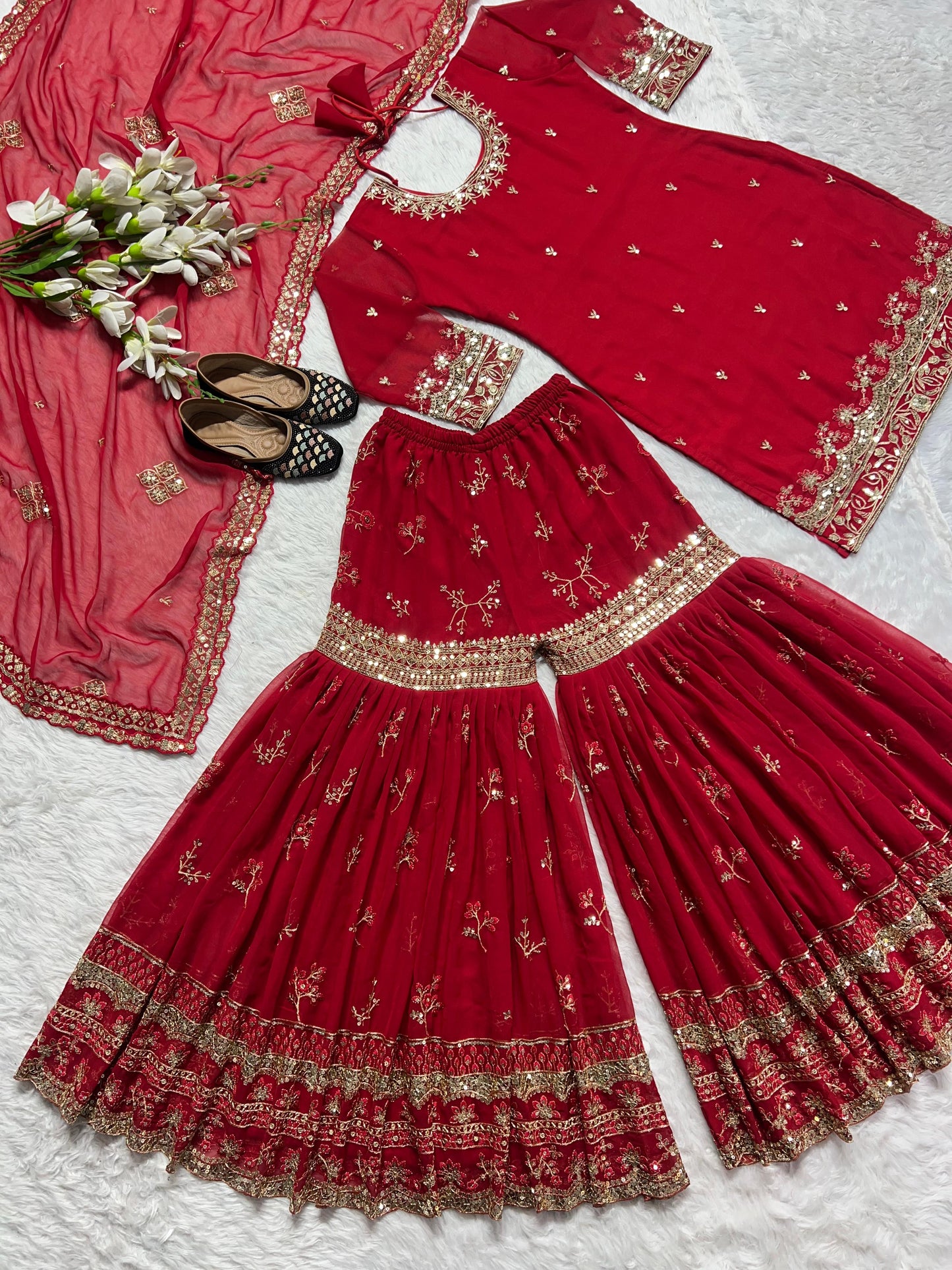 Wedding Wear Red Color Heavy Faux Georgette Material With 5mm Sequence Embroidery Work Sharara Suit