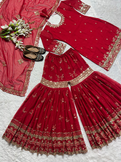 Wedding Wear Red Color Heavy Faux Georgette Material With 5mm Sequence Embroidery Work Sharara Suit