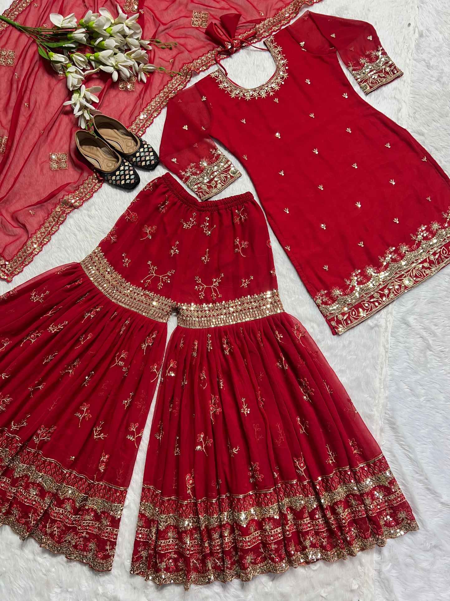 Wedding Wear Red Color Heavy Faux Georgette Material With 5mm Sequence Embroidery Work Sharara Suit