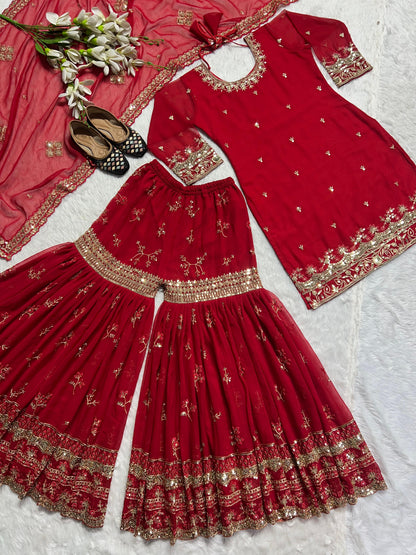 Wedding Wear Red Color Heavy Faux Georgette Material With 5mm Sequence Embroidery Work Sharara Suit