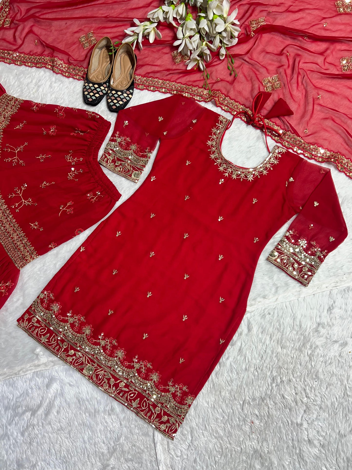 Wedding Wear Red Color Heavy Faux Georgette Material With 5mm Sequence Embroidery Work Sharara Suit