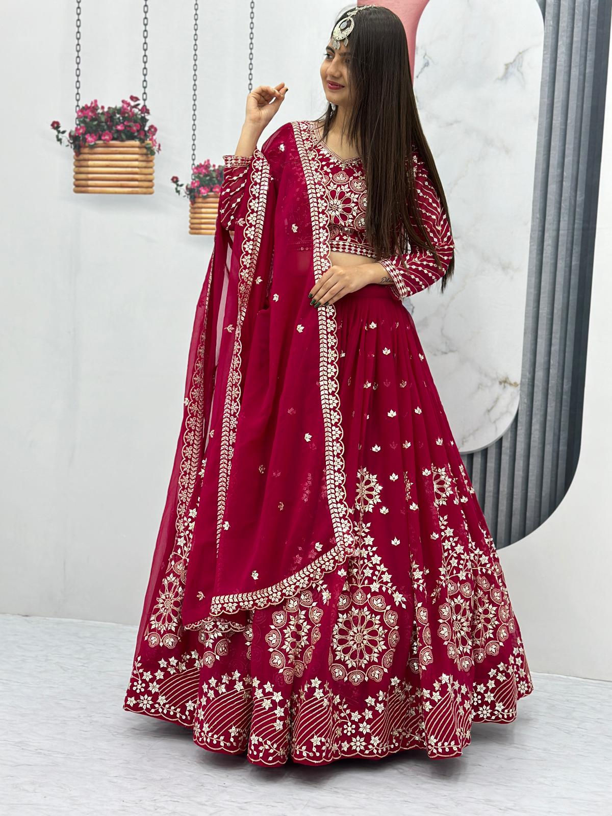 Wedding Wear Pink Color Heavy Faux Georgette With Embroidery Sequence Work Lehenga Choli