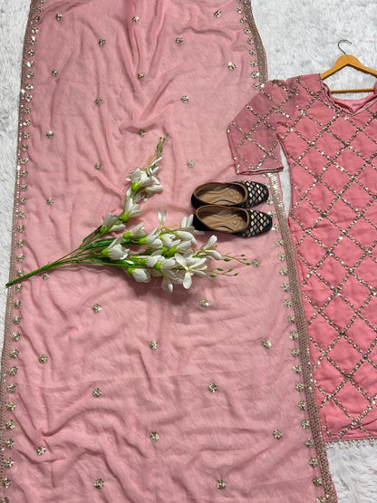 Peach Color Faux Georgette Real Hand Work Sequence Embroidery Work Salwar Suit