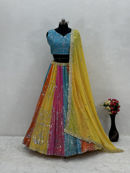 Classy Multi Color Heavy Faux Georgette And Embroidered Sequence Work Designer Lehenga Choli
