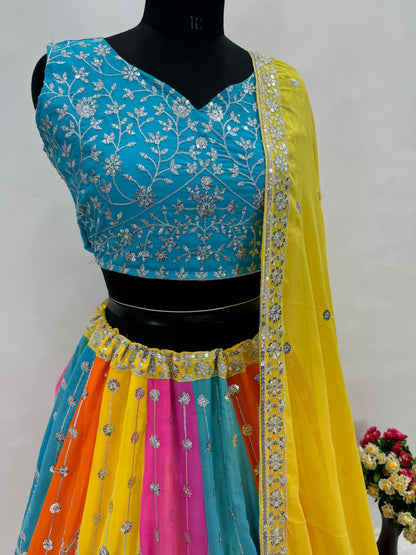 Classy Multi Color Heavy Faux Georgette And Embroidered Sequence Work Designer Lehenga Choli