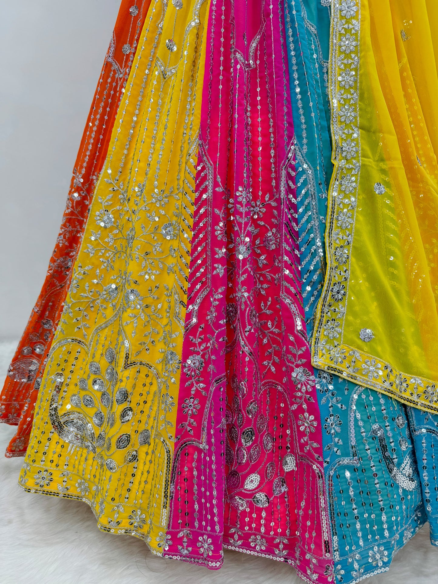 Classy Multi Color Heavy Faux Georgette And Embroidered Sequence Work Designer Lehenga Choli