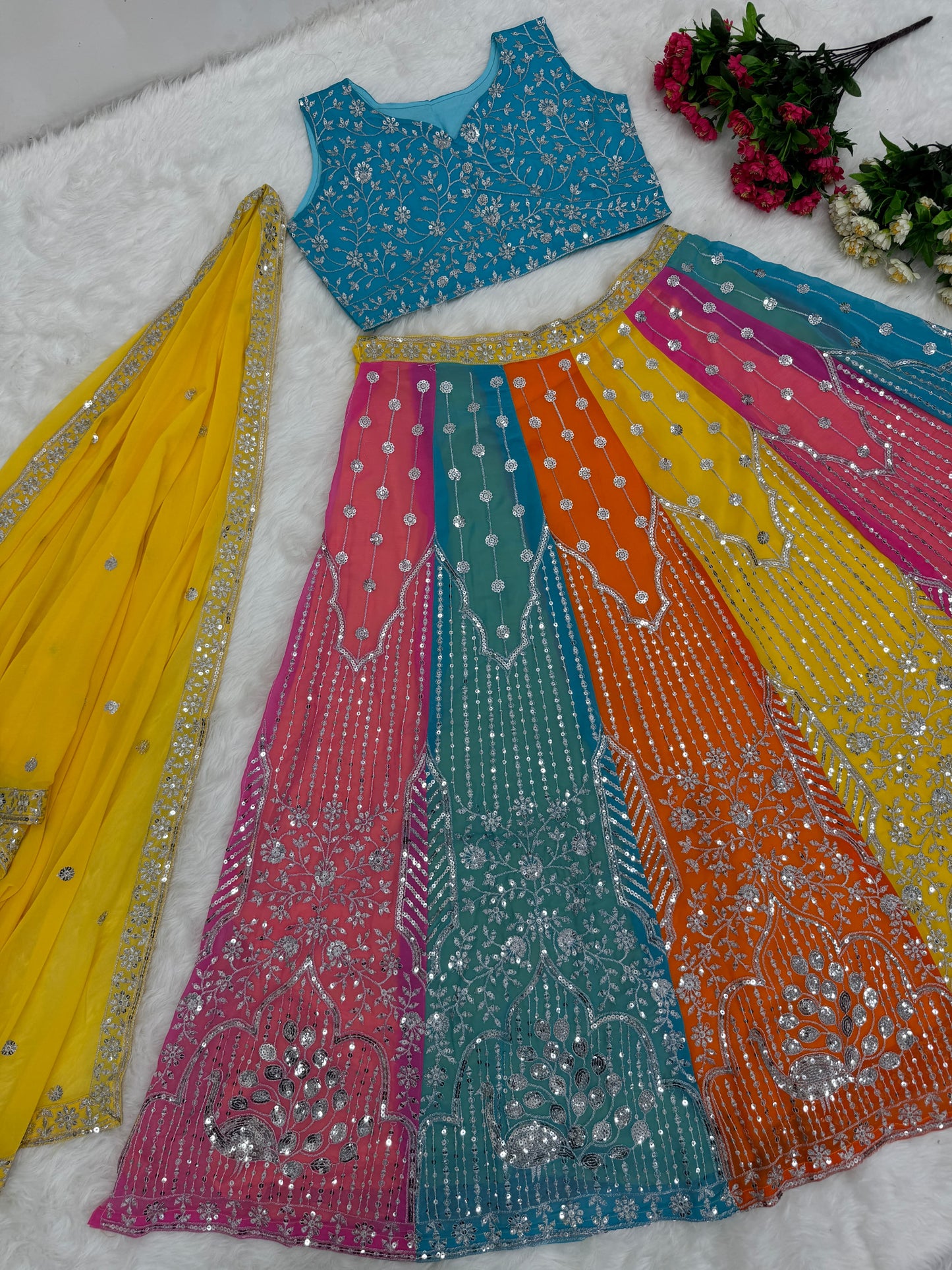 Classy Multi Color Heavy Faux Georgette And Embroidered Sequence Work Designer Lehenga Choli