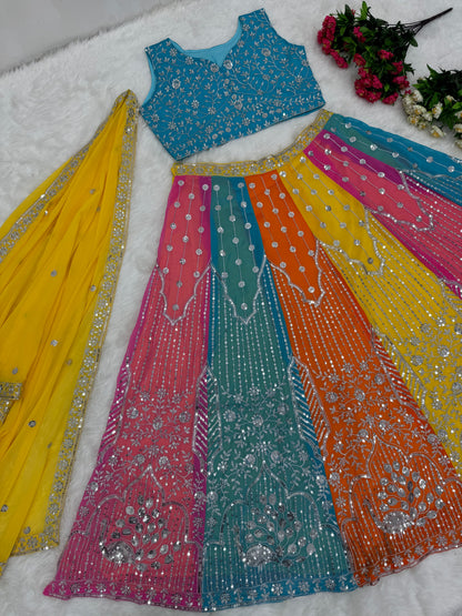 Classy Multi Color Heavy Faux Georgette And Embroidered Sequence Work Designer Lehenga Choli
