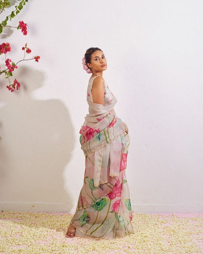 Wedding Wear Cream Color Pure Soft Tabby Silk Saree With Beautiful Digital Printed Designer Saree