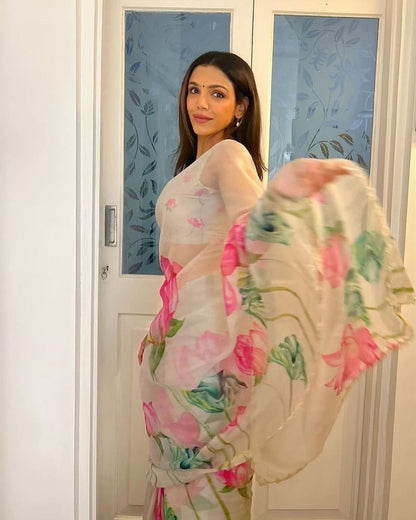 Wedding Wear Cream Color Pure Soft Tabby Silk Saree With Beautiful Digital Printed Designer Saree