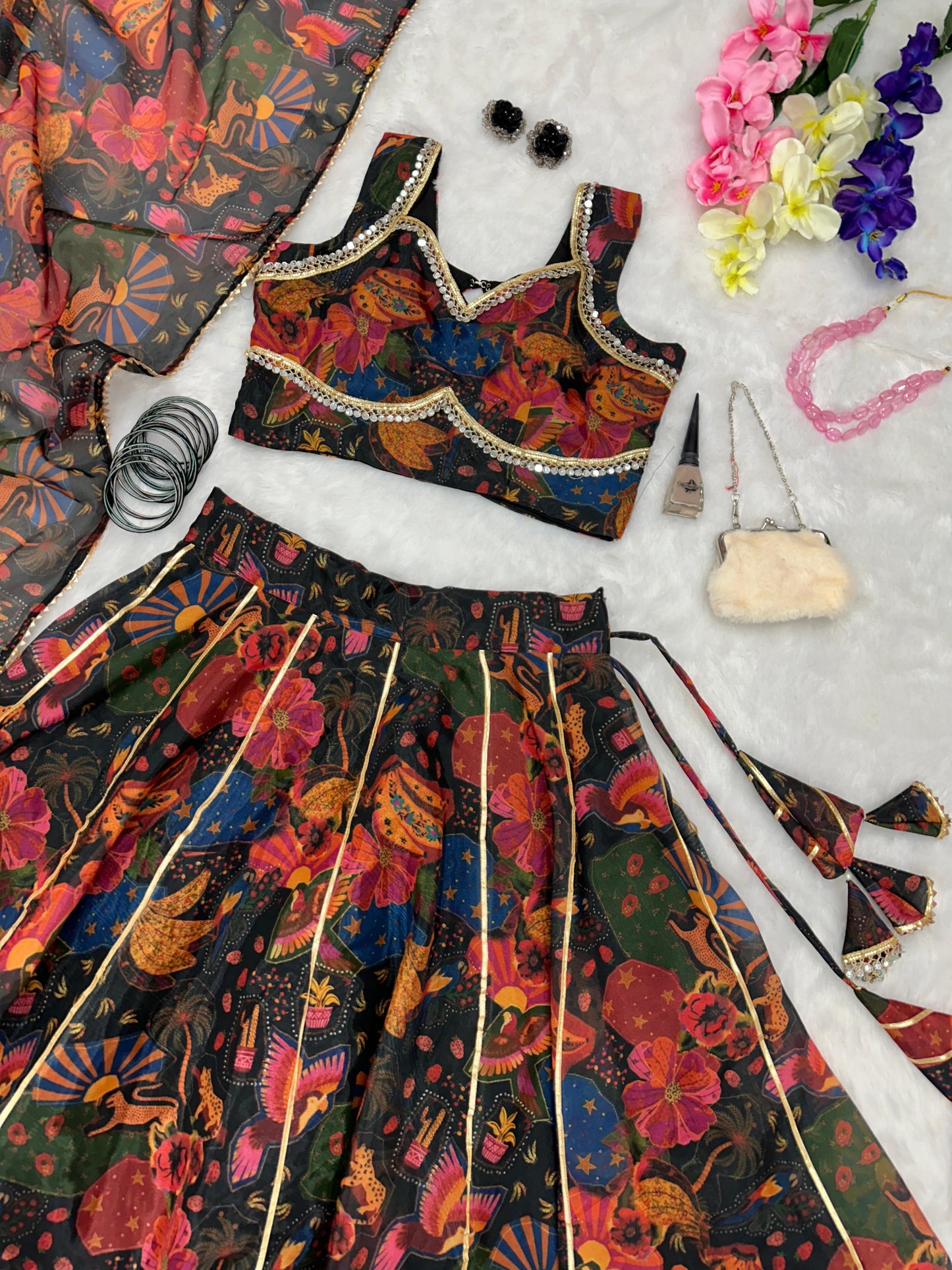 Engagement Wear Multi Color Pure Jimmy Organza Silk Floral Printed 8 Meter Huge Lehenga Choli