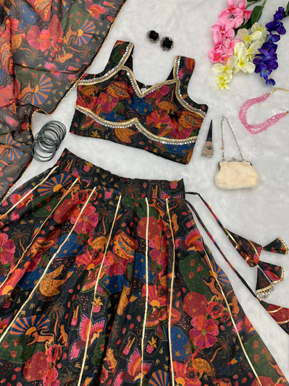 Engagement Wear Multi Color Pure Jimmy Organza Silk Floral Printed 8 Meter Huge Lehenga Choli