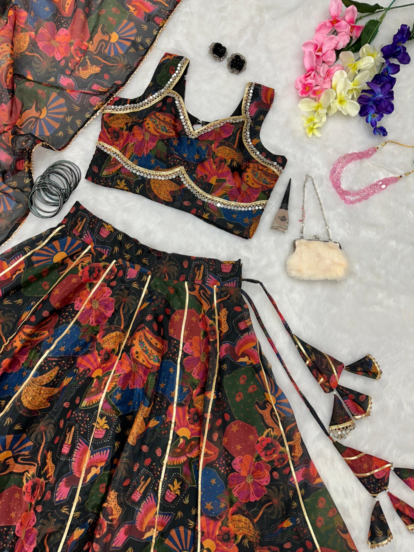 Engagement Wear Multi Color Pure Jimmy Organza Silk Floral Printed 8 Meter Huge Lehenga Choli