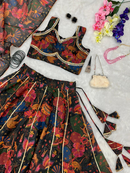 Engagement Wear Multi Color Pure Jimmy Organza Silk Floral Printed 8 Meter Huge Lehenga Choli