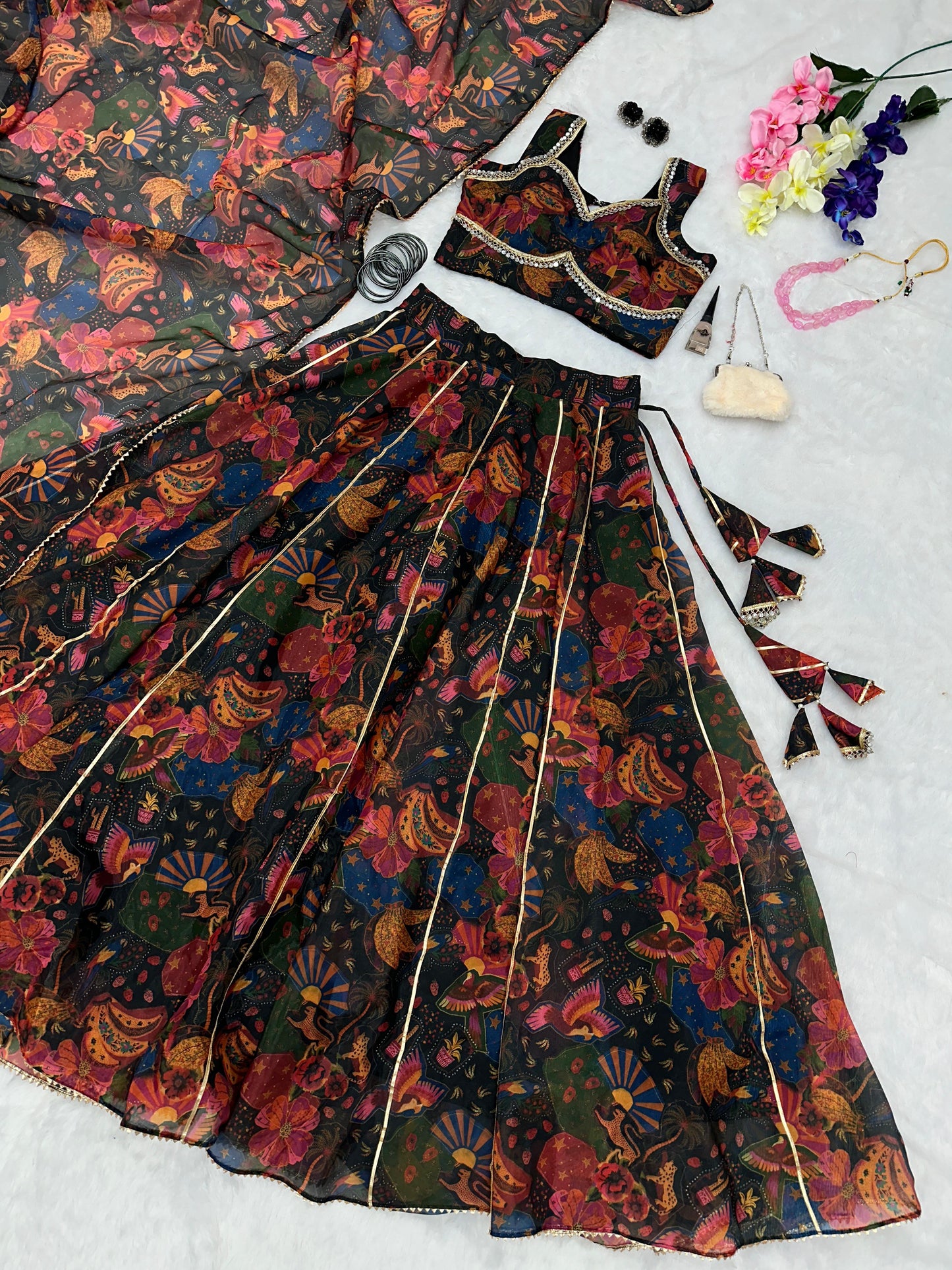Engagement Wear Multi Color Pure Jimmy Organza Silk Floral Printed 8 Meter Huge Lehenga Choli