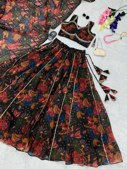 Engagement Wear Multi Color Pure Jimmy Organza Silk Floral Printed 8 Meter Huge Lehenga Choli
