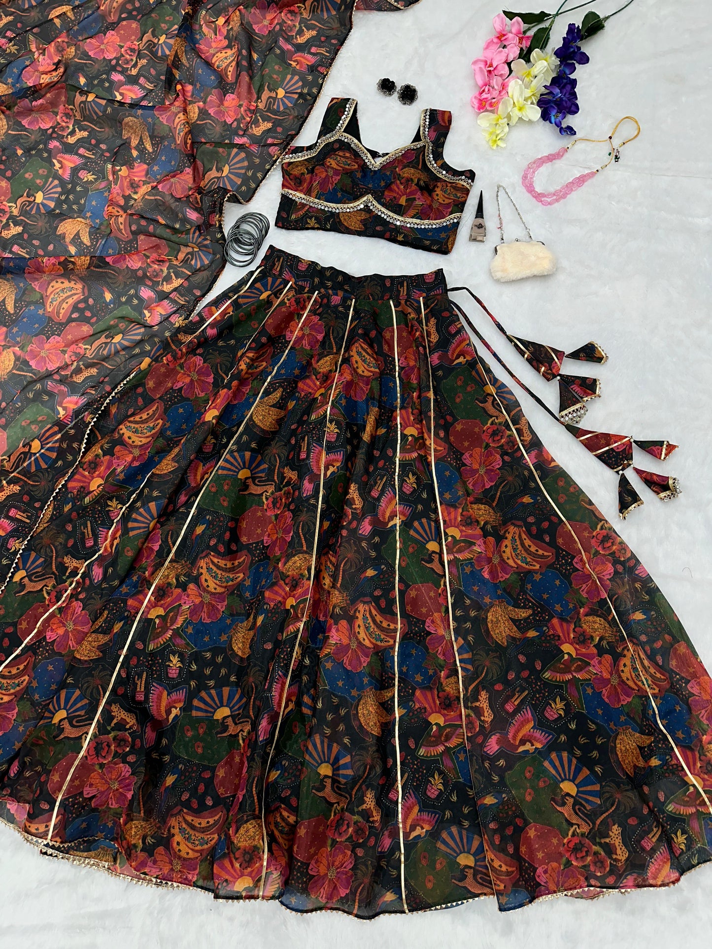 Engagement Wear Multi Color Pure Jimmy Organza Silk Floral Printed 8 Meter Huge Lehenga Choli