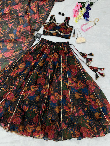 Engagement Wear Multi Color Pure Jimmy Organza Silk Floral Printed 8 Meter Huge Lehenga Choli