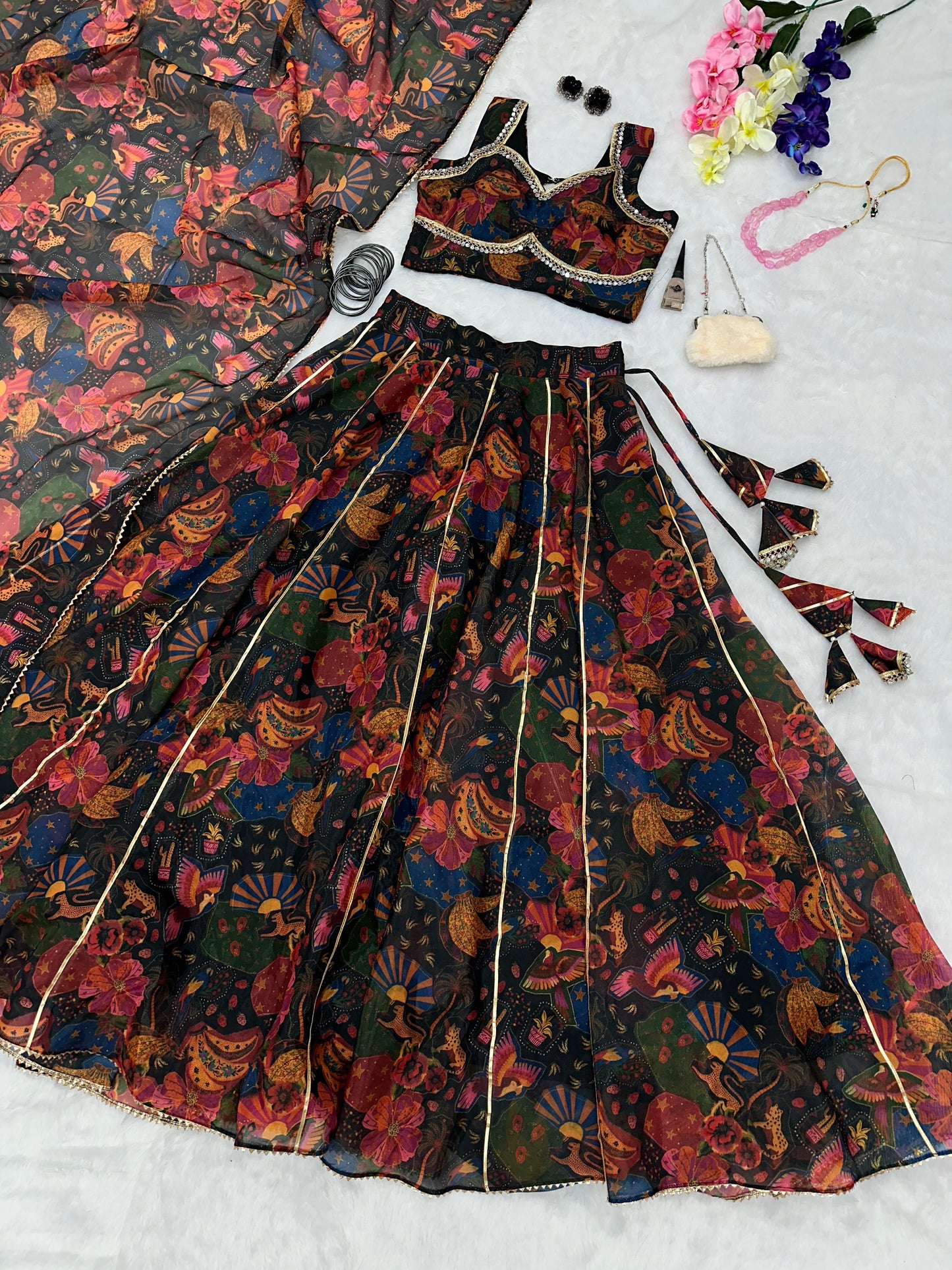 Engagement Wear Multi Color Pure Jimmy Organza Silk Floral Printed 8 Meter Huge Lehenga Choli