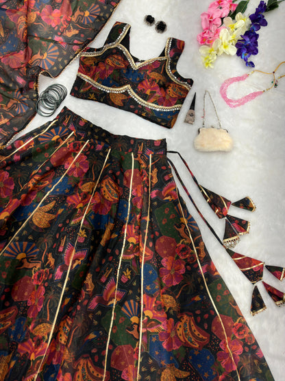Engagement Wear Multi Color Pure Jimmy Organza Silk Floral Printed 8 Meter Huge Lehenga Choli