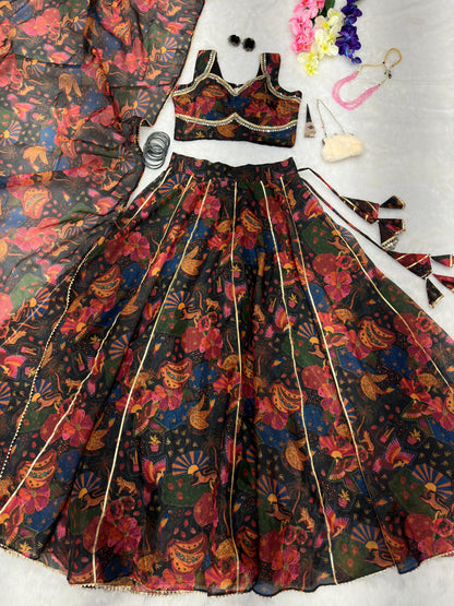 Engagement Wear Multi Color Pure Jimmy Organza Silk Floral Printed 8 Meter Huge Lehenga Choli