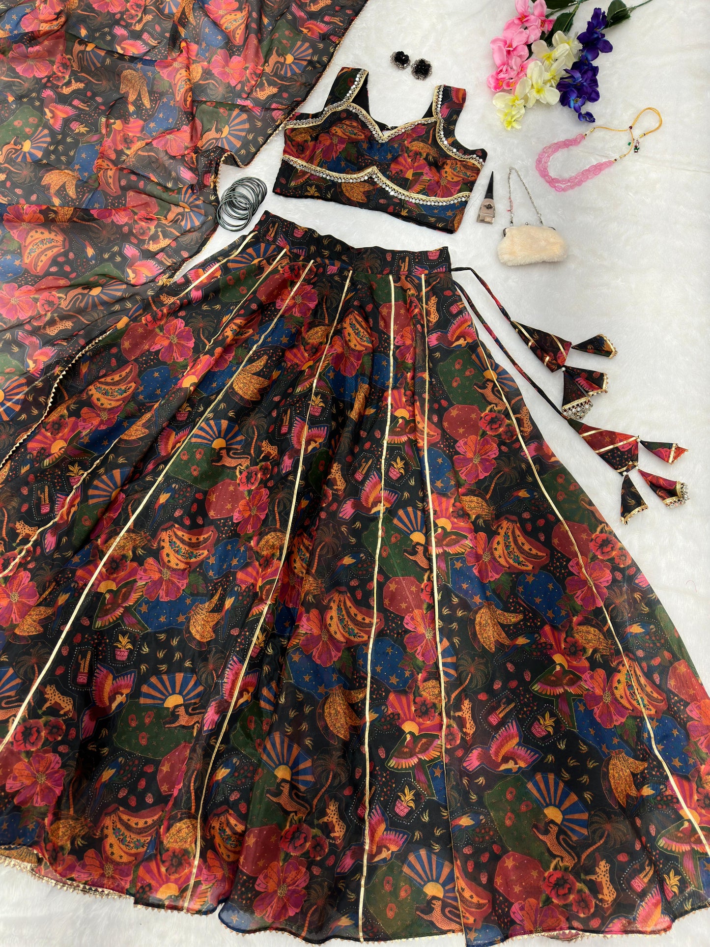 Engagement Wear Multi Color Pure Jimmy Organza Silk Floral Printed 8 Meter Huge Lehenga Choli