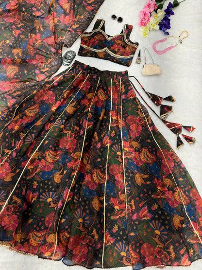 Engagement Wear Multi Color Pure Jimmy Organza Silk Floral Printed 8 Meter Huge Lehenga Choli
