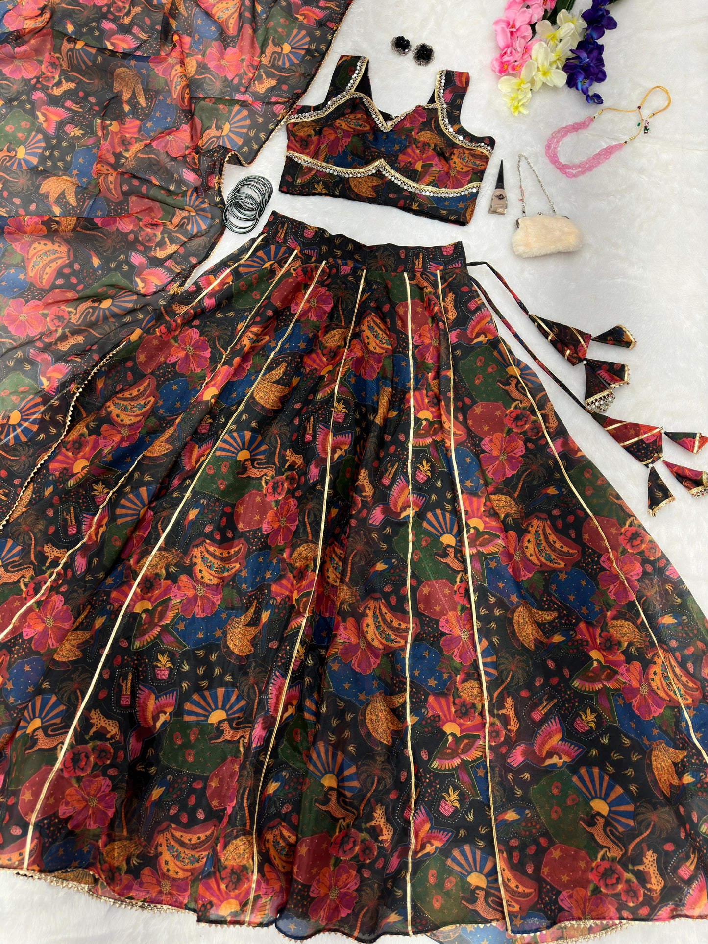 Engagement Wear Multi Color Pure Jimmy Organza Silk Floral Printed 8 Meter Huge Lehenga Choli