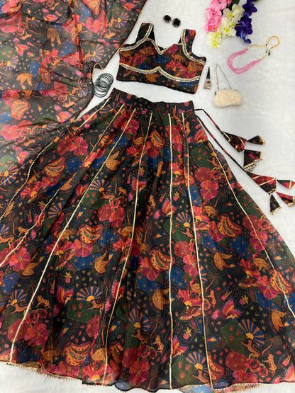 Engagement Wear Multi Color Pure Jimmy Organza Silk Floral Printed 8 Meter Huge Lehenga Choli