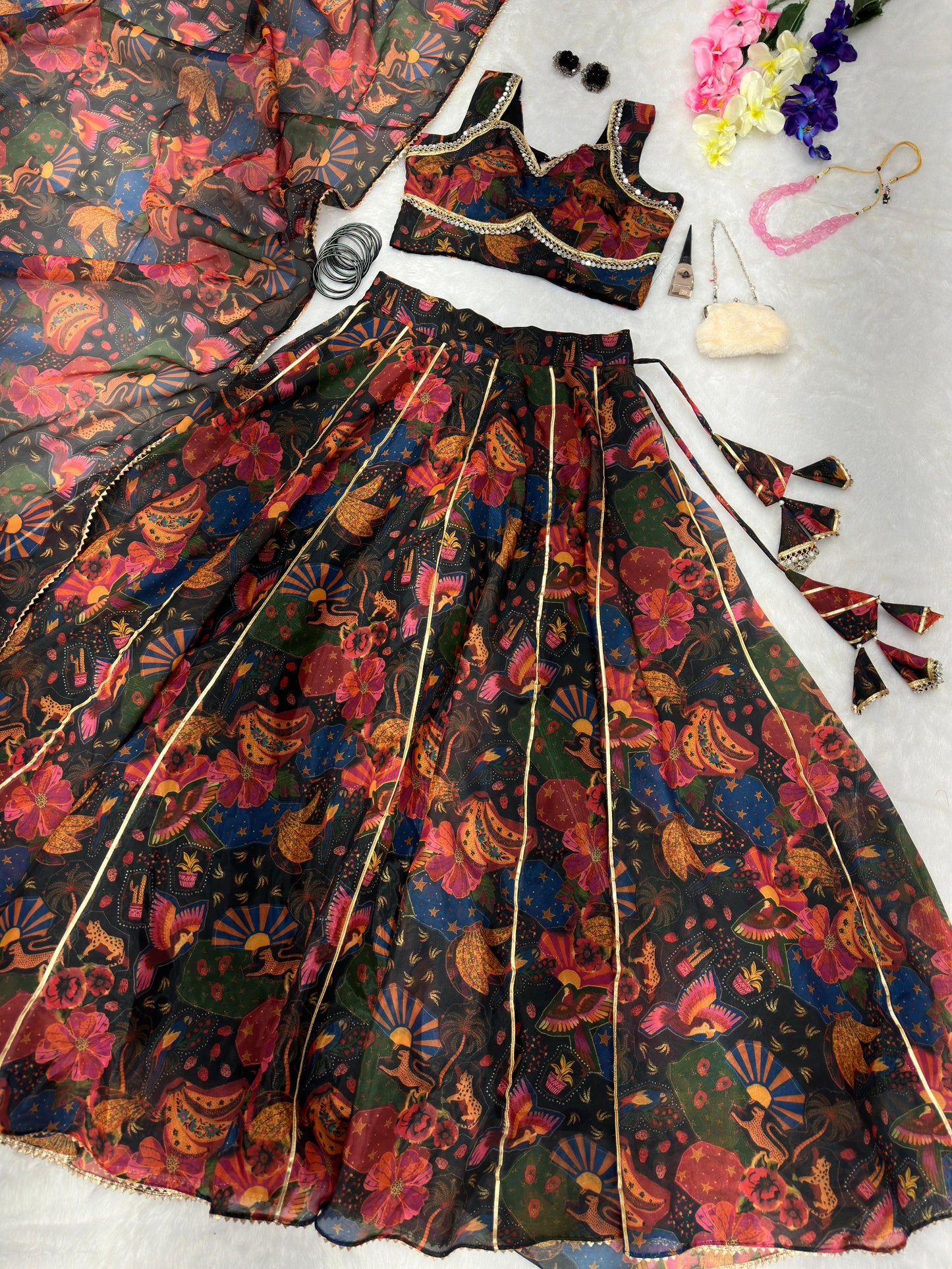 Engagement Wear Multi Color Pure Jimmy Organza Silk Floral Printed 8 Meter Huge Lehenga Choli