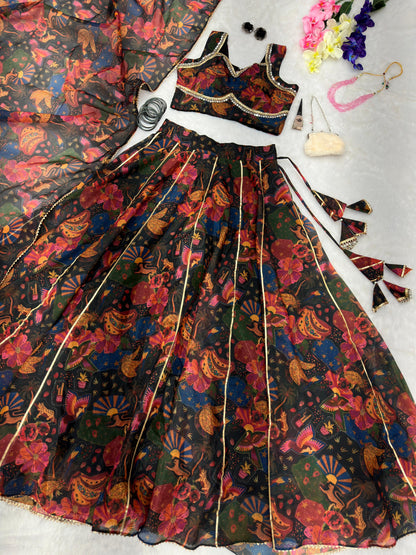 Engagement Wear Multi Color Pure Jimmy Organza Silk Floral Printed 8 Meter Huge Lehenga Choli