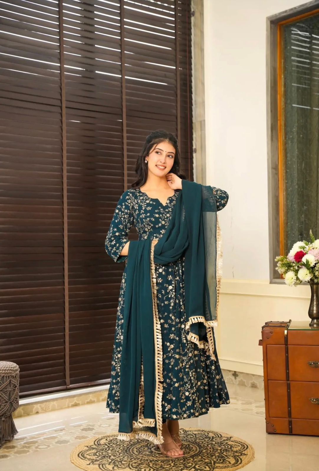 Graceful Teal Color Heavy Faux Georgette With Embroidery Work Anarkali Gown