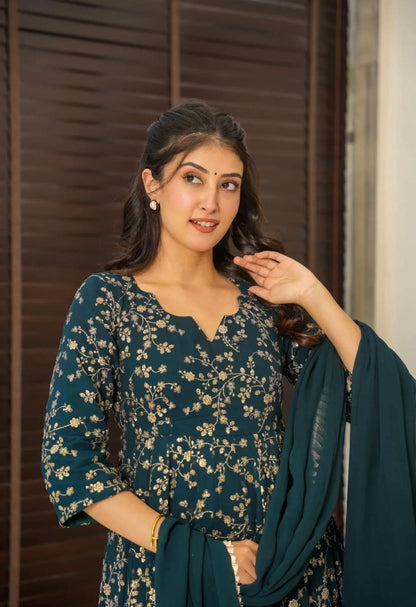 Graceful Teal Color Heavy Faux Georgette With Embroidery Work Anarkali Gown